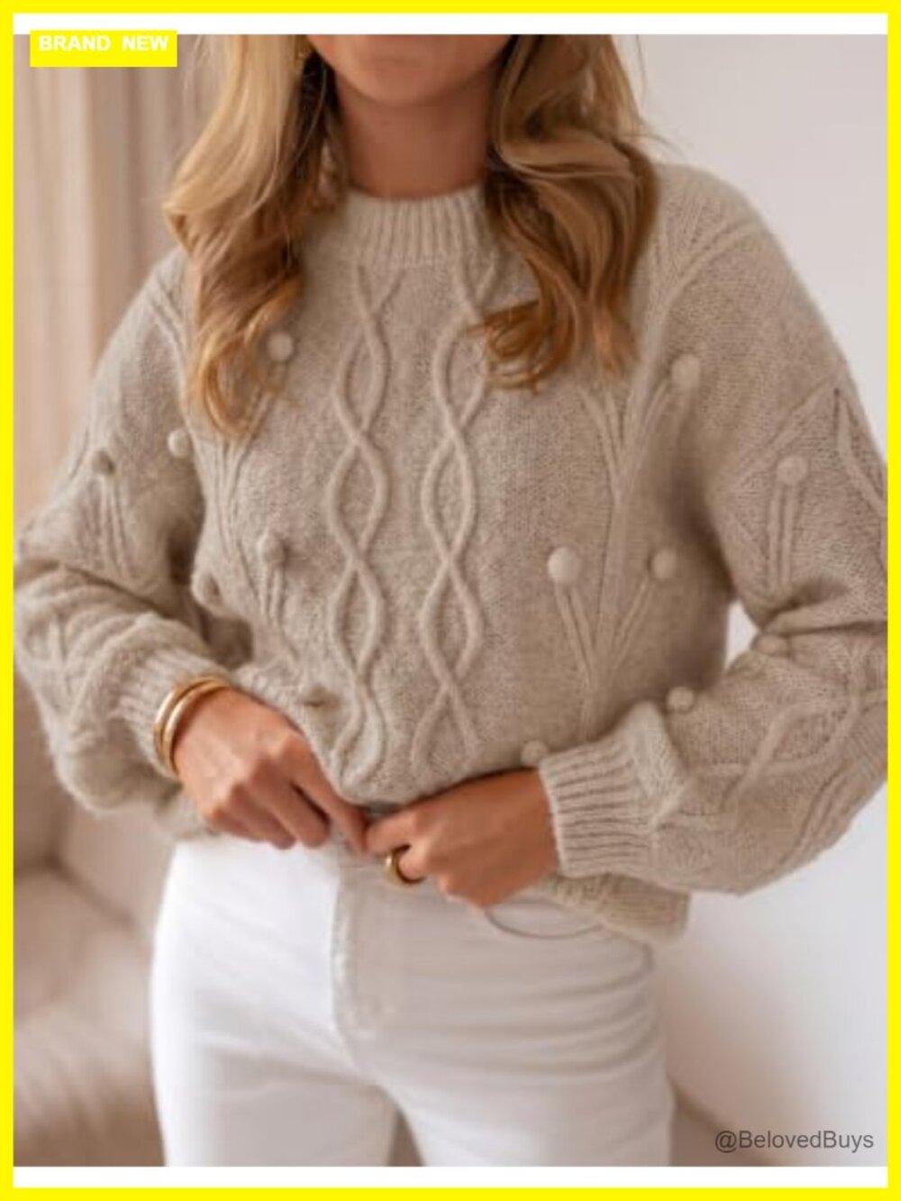 Cable Knit Oversized Pullover Sweater Loose Fit Drop Shoulder Crew Neck - Picture 3 of 6